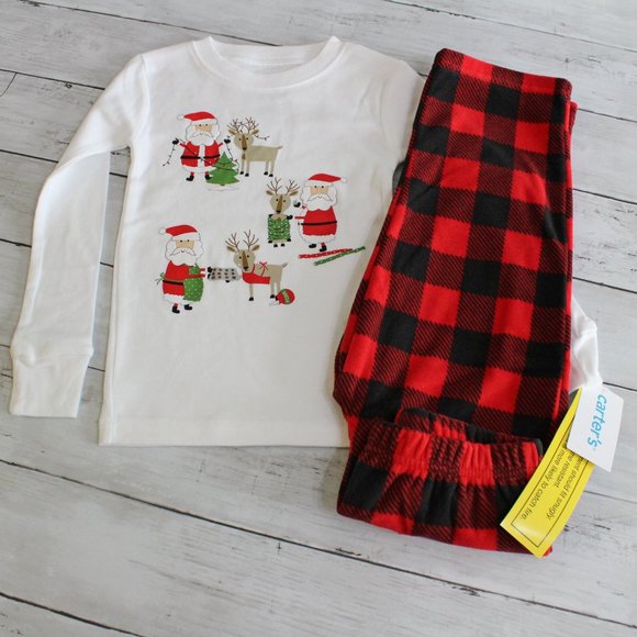 Carter's Boy Girl Fleece Pajama Set Size 2T Red Buffalo Plaid Christmas - Picture 1 of 5